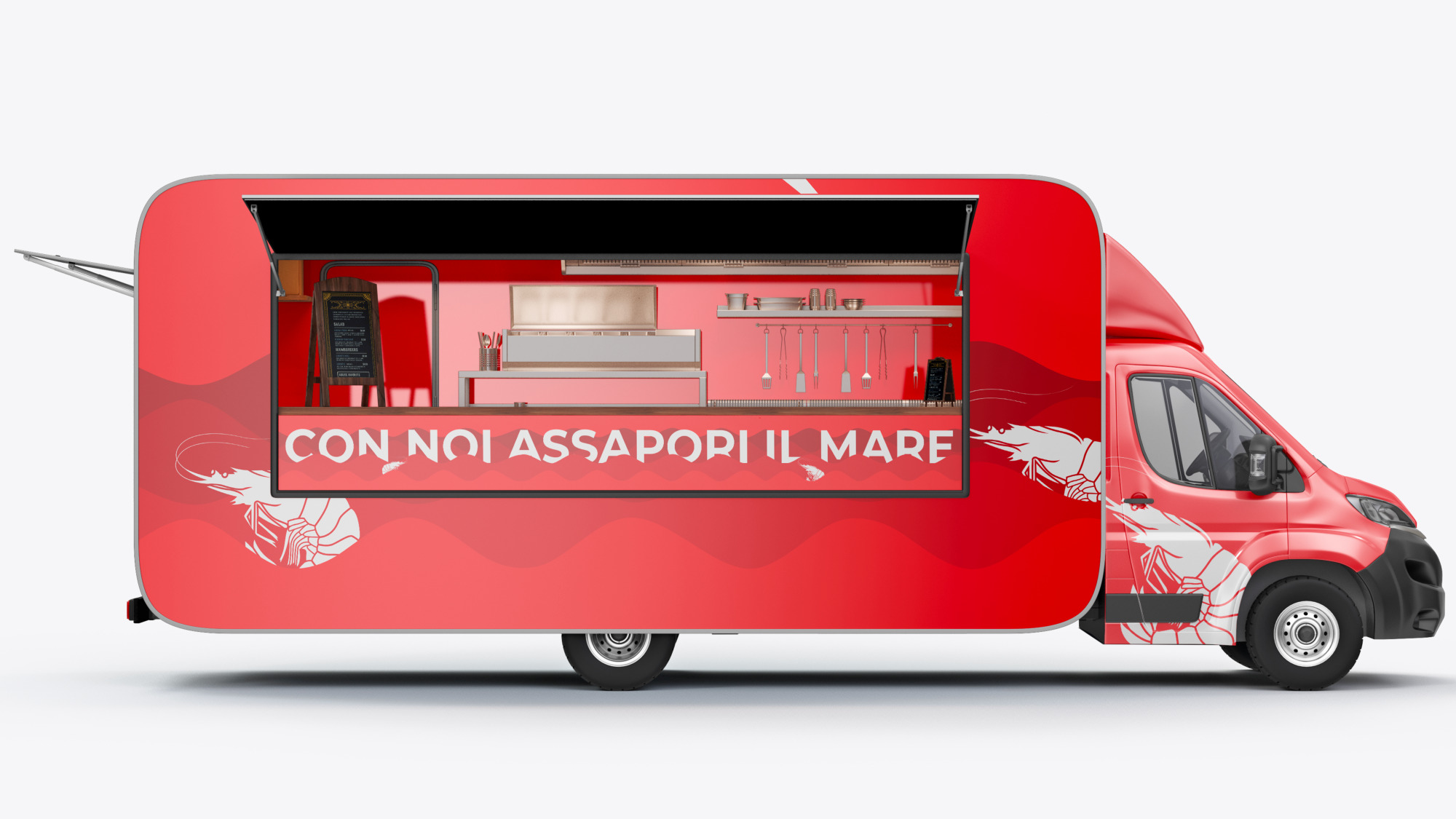 Gamrò: food truck, vista laterale con banco aperto