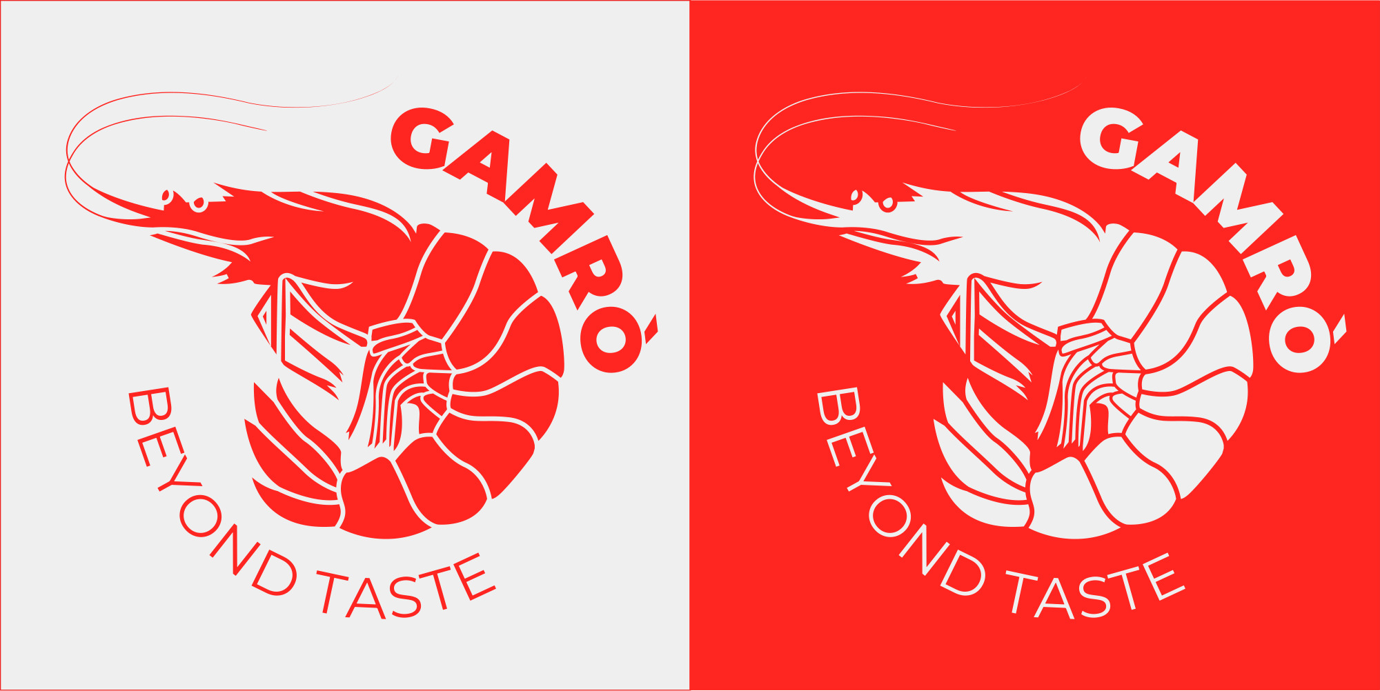 Studio del marchio Gamrò, con gambero illustrato e payoff Beyond Taste