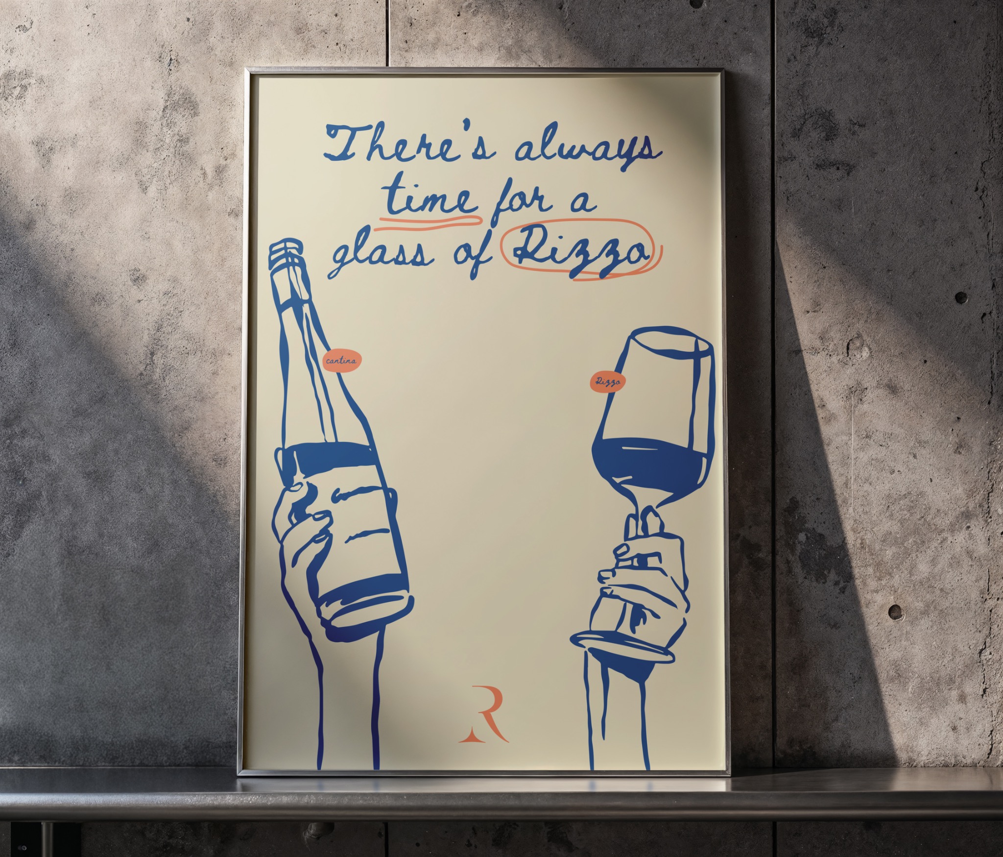Mockup del poster illustrato Rizzo con bottiglia e calice